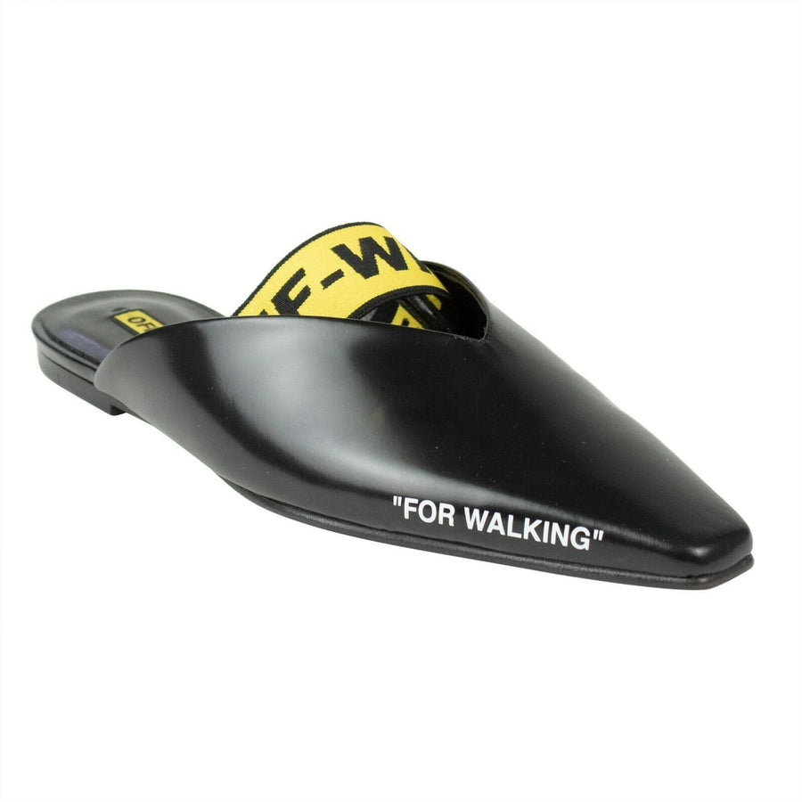 Leather Scarf Logo Ribbon Mules - Black