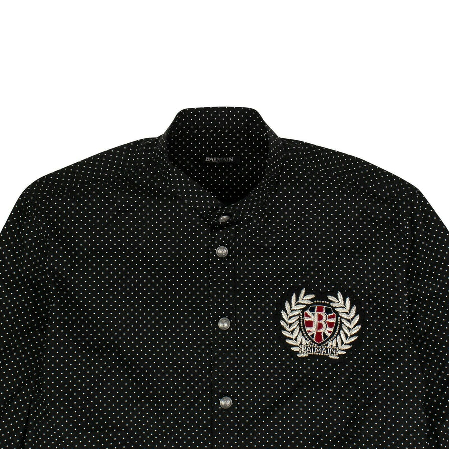 Cotton Polka Dot Logo Patch Button Shirt - Black