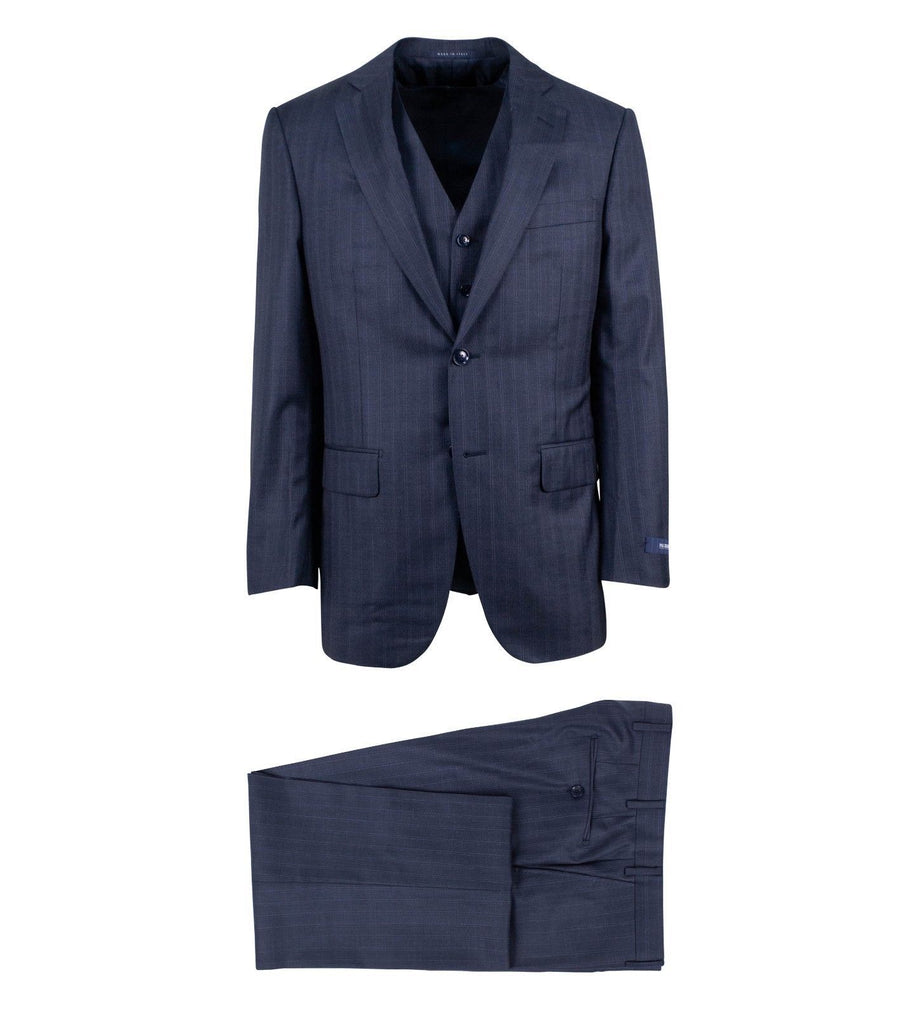 Drop 8 Striped Wool Two Button Three Piece Suit - Blue