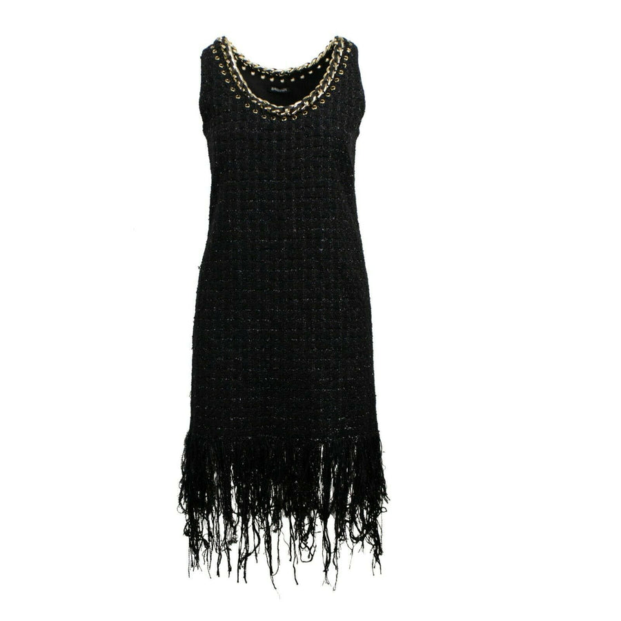 Cotton Fringe-Trimmed Tweed Mini Dress - Black