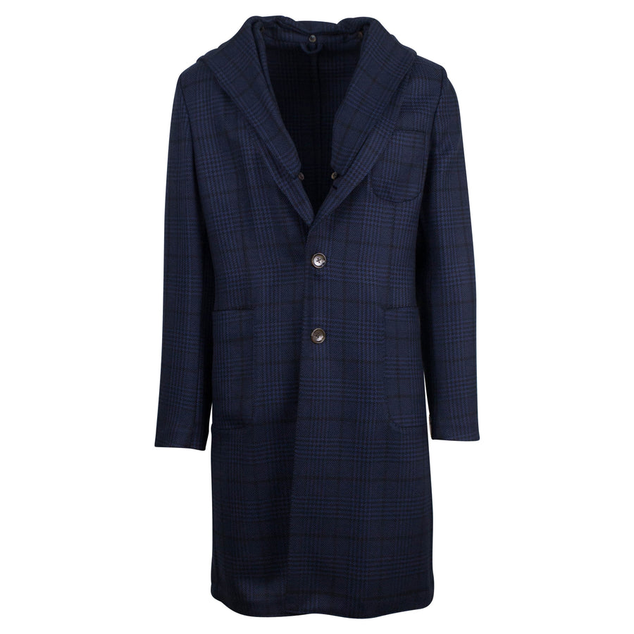Blue Plaid Wool Full Length Hooded Slim Fit Coat