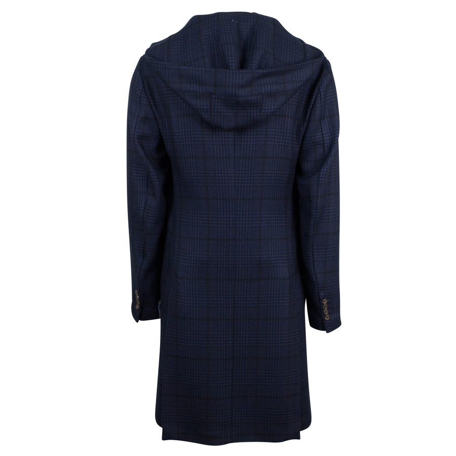 Blue Plaid Wool Full Length Hooded Slim Fit Coat