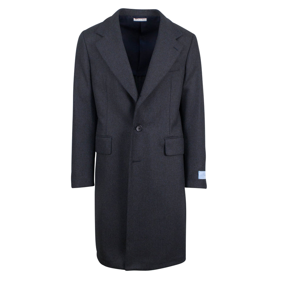 Gray Herringbone Wool Full Length Slim Fit Coat