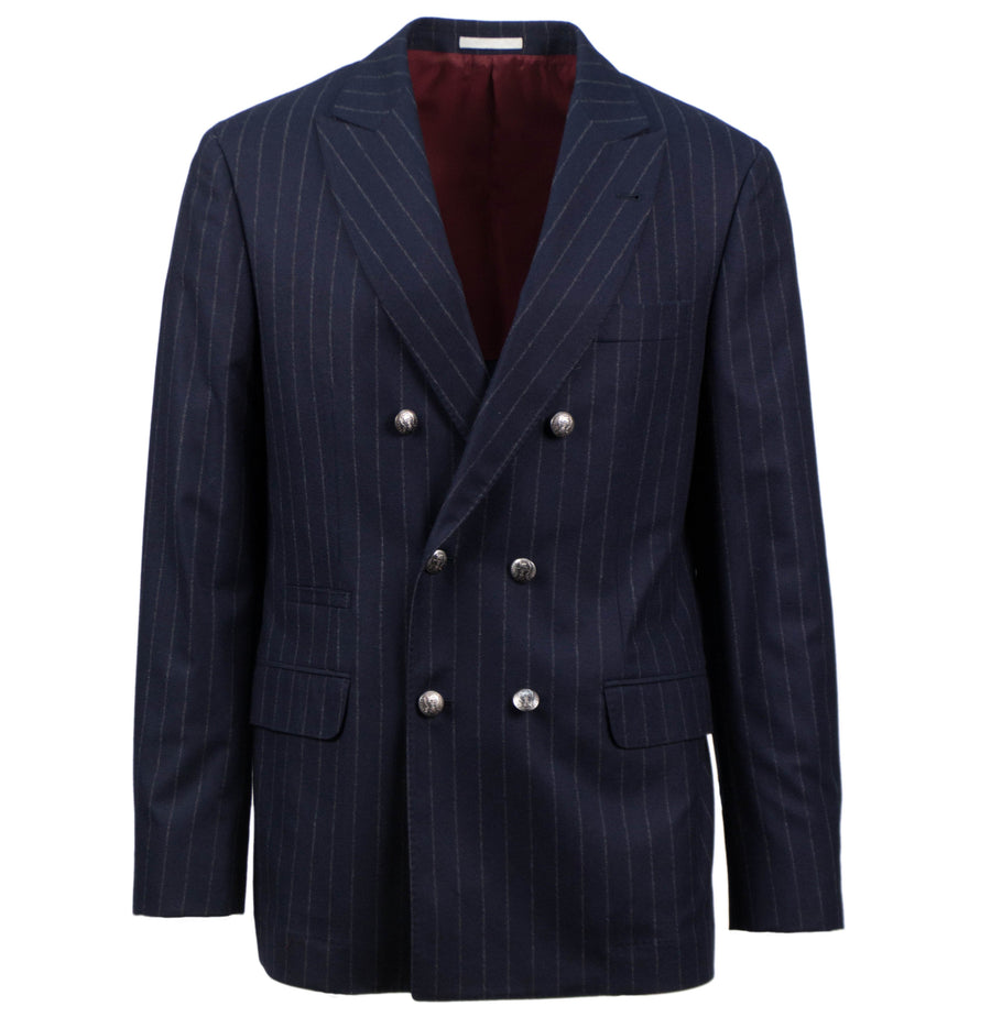 Pinstriped Cashmere Blend Double Breasted Sport Coat - Blue