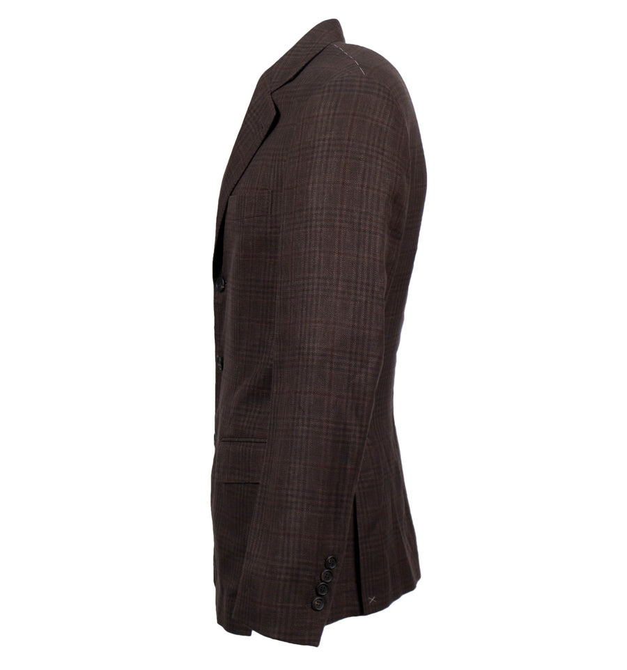 Plaid Wool Blend 3 Roll 2 Button Sport Coat - Brown