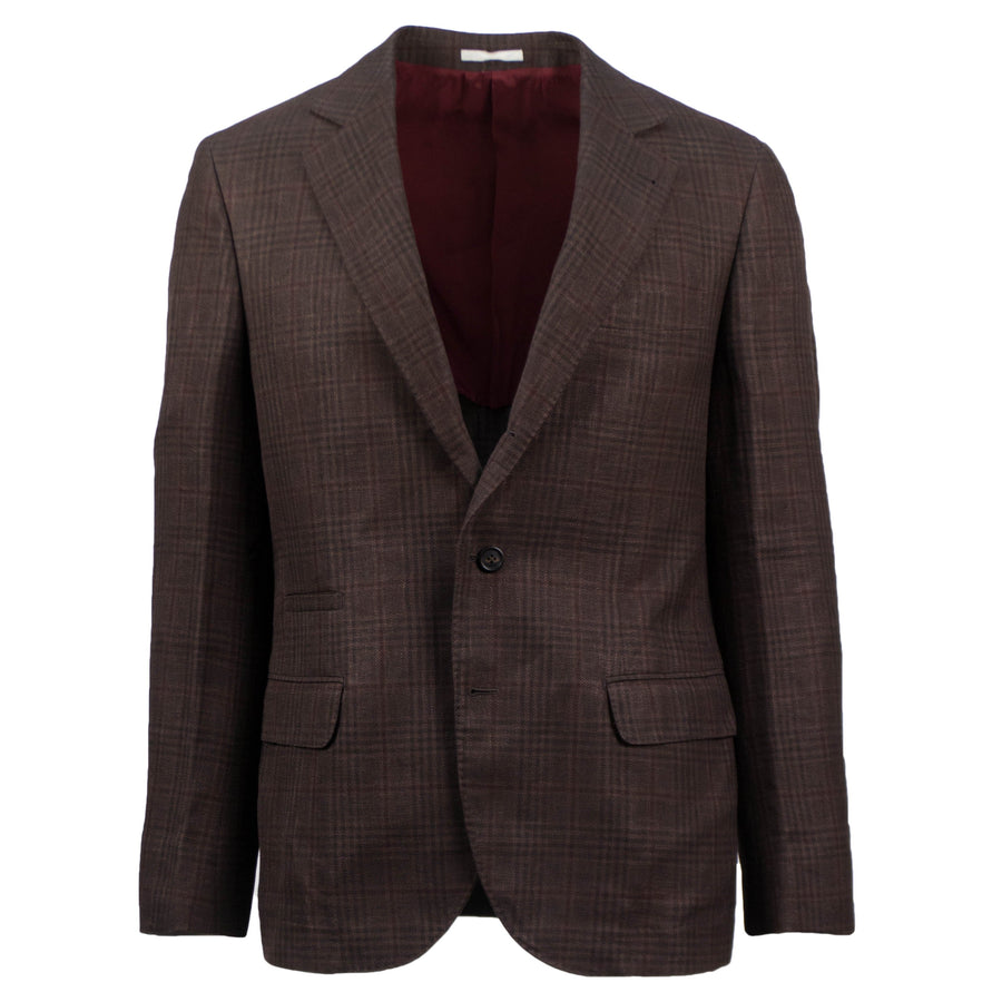 Plaid Wool Blend 3 Roll 2 Button Sport Coat - Brown