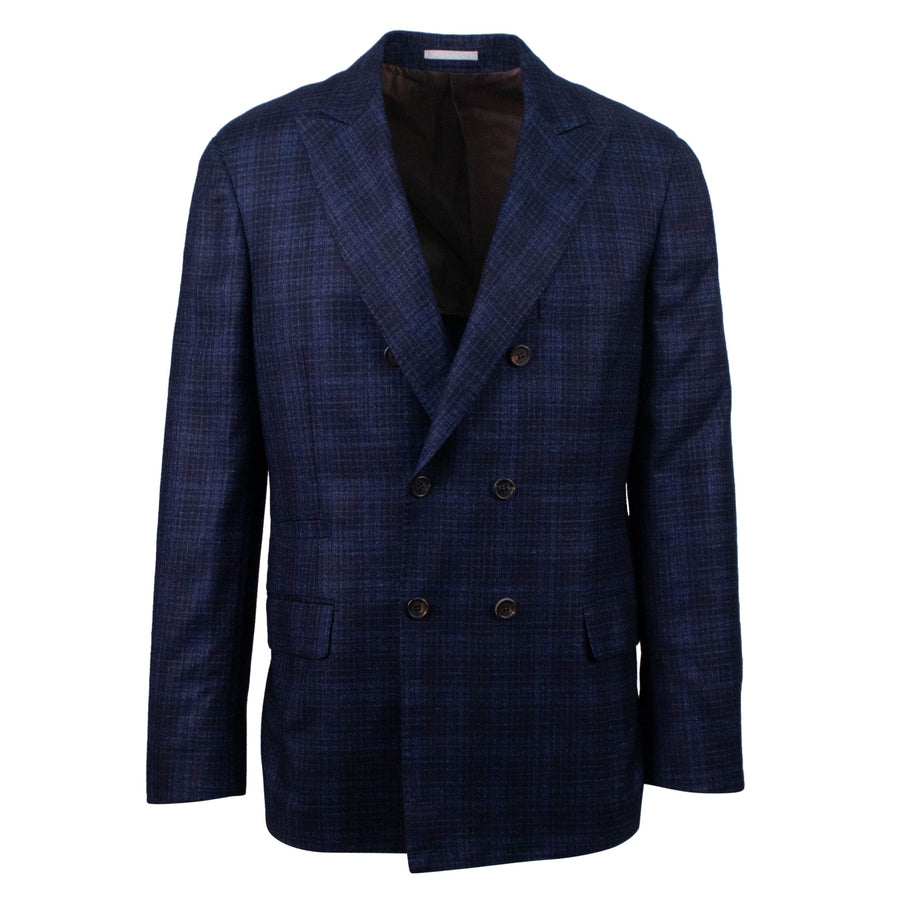 Checked Cashmere Blend Double Breasted Sport Coat - Blue