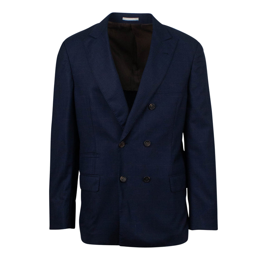 Windowpane Wool Double Breasted Sport Coat - Blue