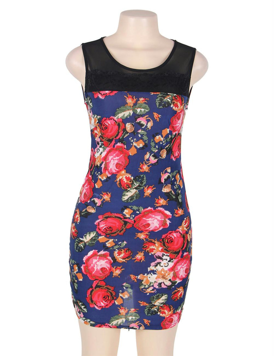 Navy Flower Short Sleeve Print Dresses