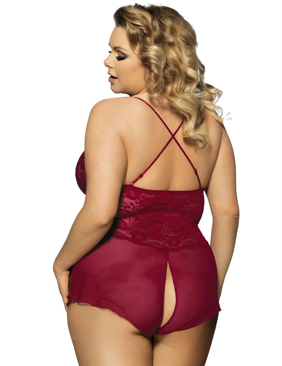 Wine Red Halter Lace Plus Size Teddy Lingerie