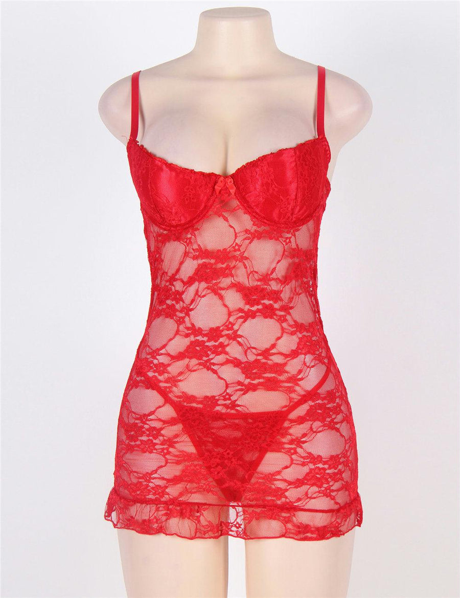 Red Plus Size Floral Lace And Mesh Lingerie