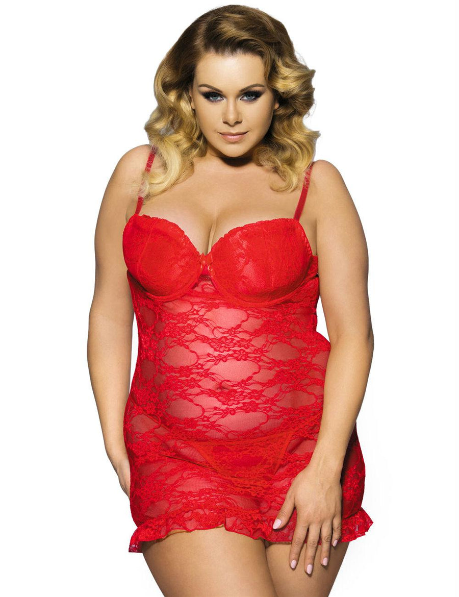 Red Plus Size Floral Lace And Mesh Lingerie