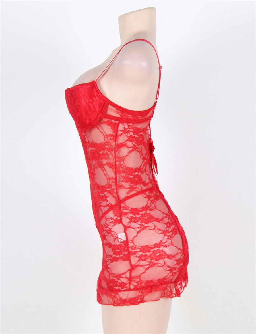 Red Plus Size Floral Lace And Mesh Lingerie