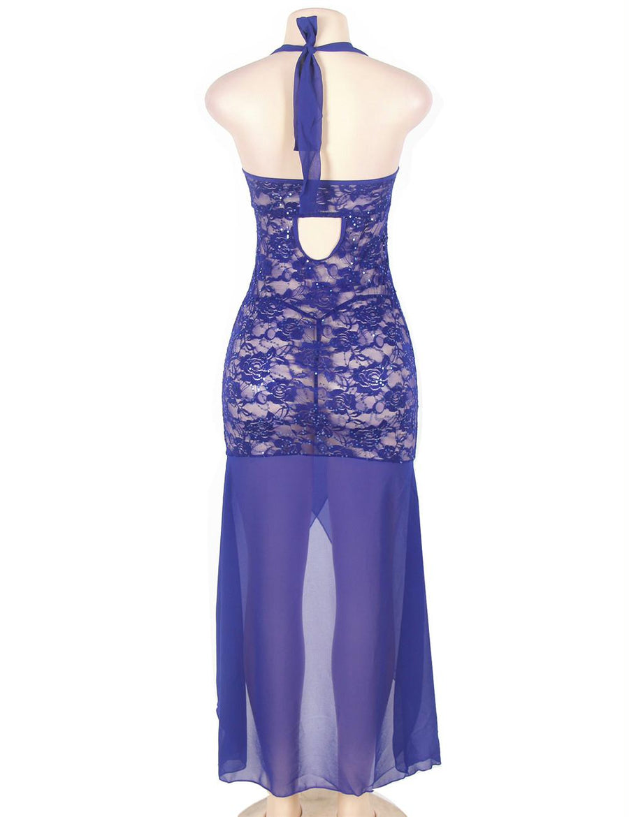 Blue Halter Lace And Mesh Plus Size Babydoll Dress