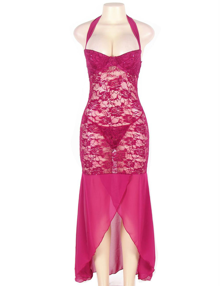 Plus Size Rosy Halter Long Mesh And Lace Dress