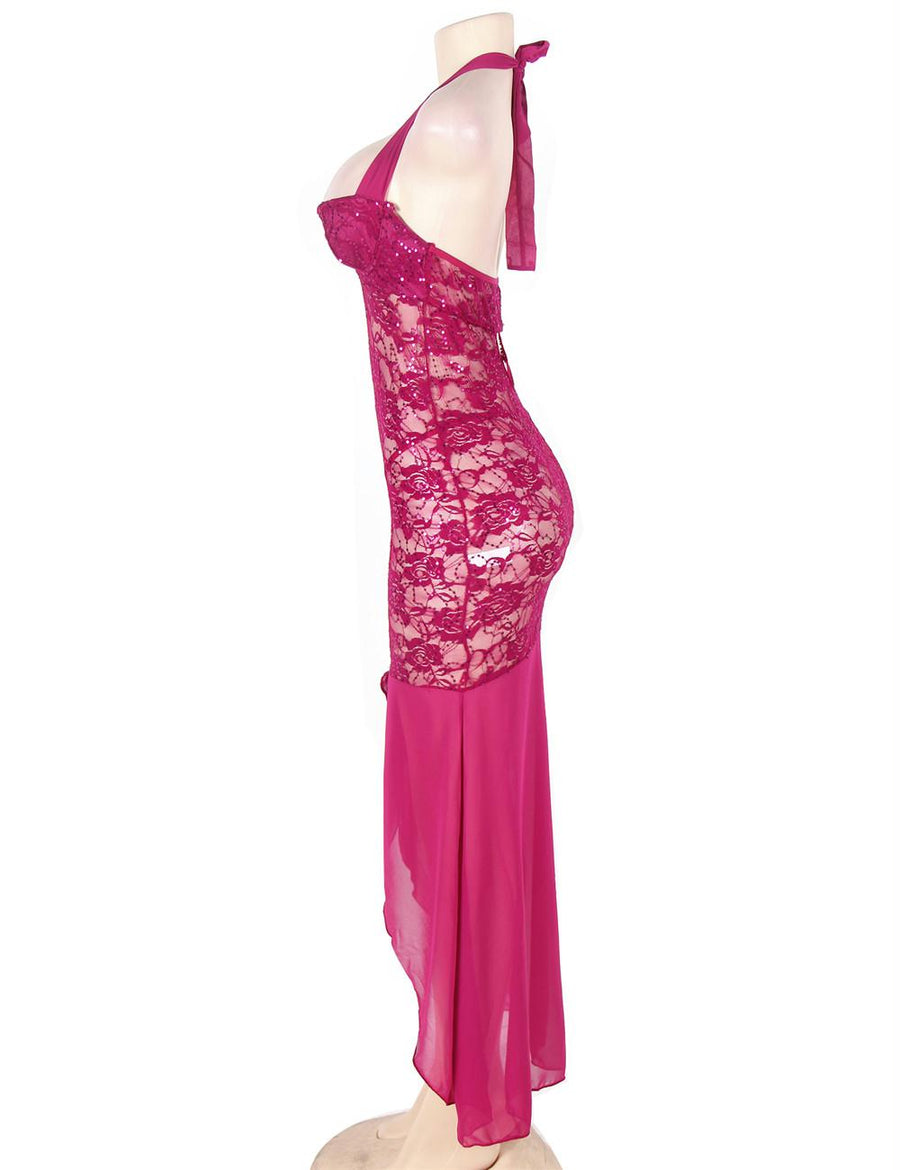 Plus Size Rosy Halter Long Mesh And Lace Dress