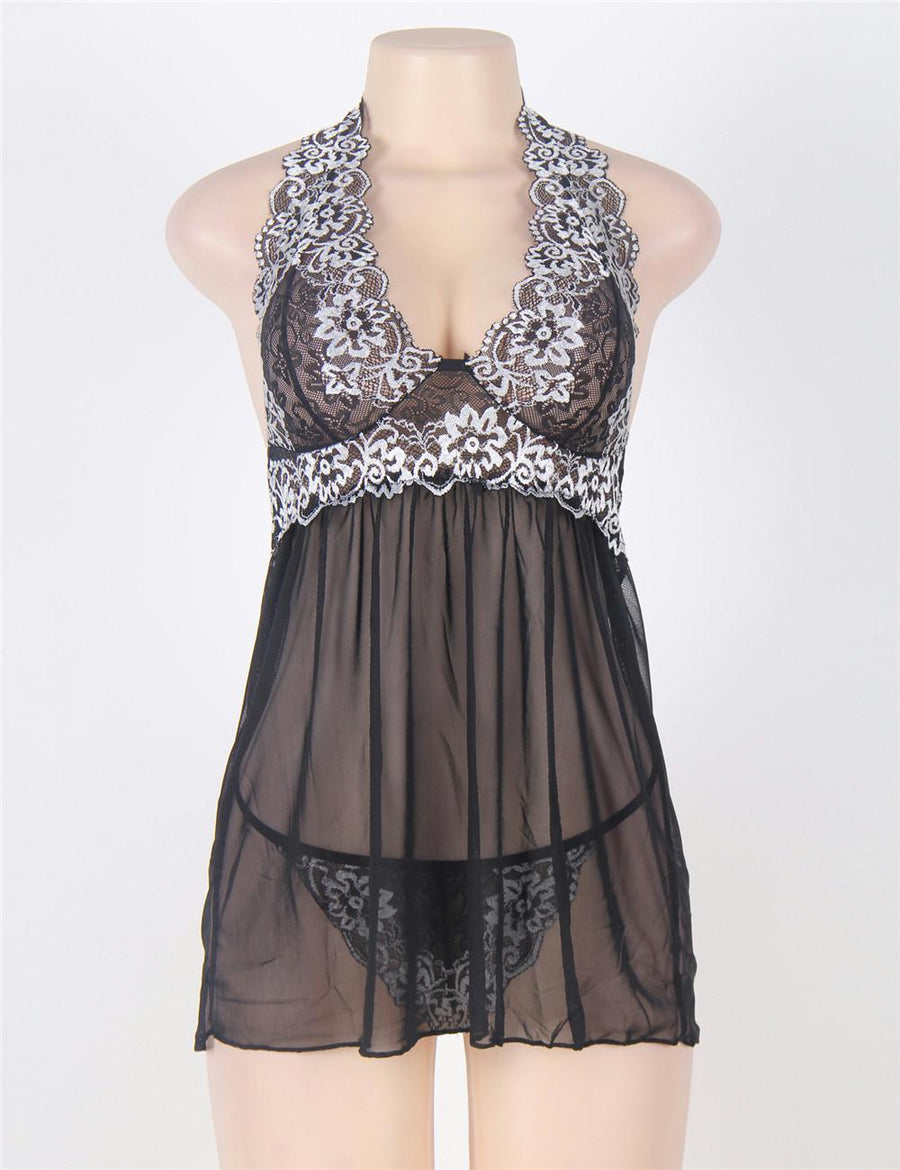 Black Plus Size Floral Halter Babydoll