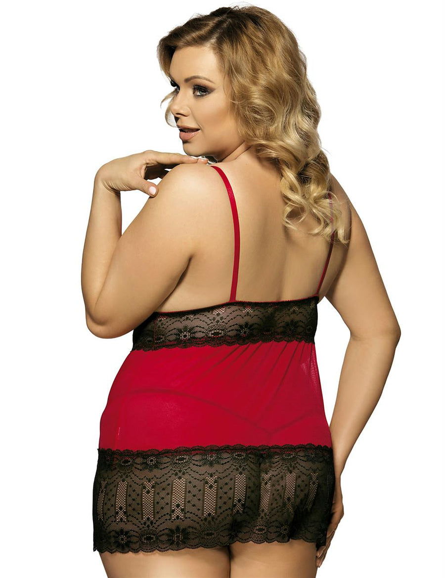 V-Neck Floral Lace Dark Red Plus Size  Babydoll