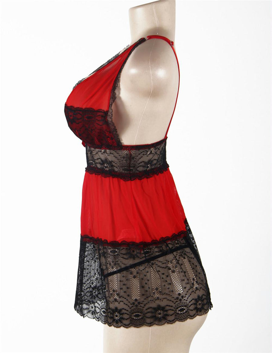 V-Neck Floral Lace Dark Red Plus Size  Babydoll