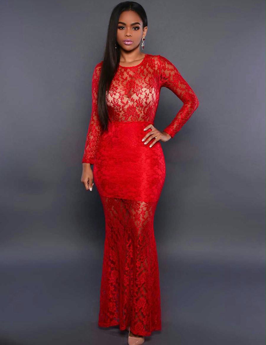 Beaming Red Lace Long Sleeve Croch Dress
