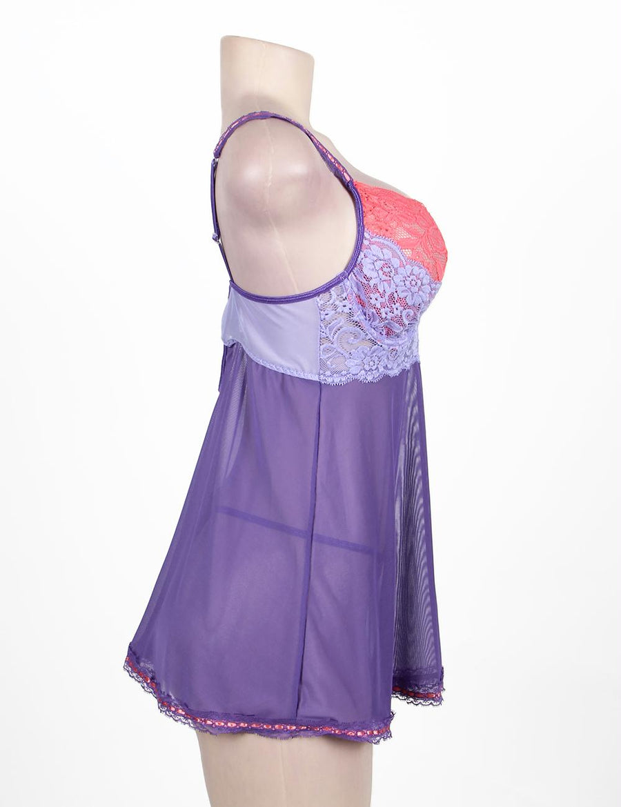Plus Size Purple And Pink Lace Cup Babydoll Set