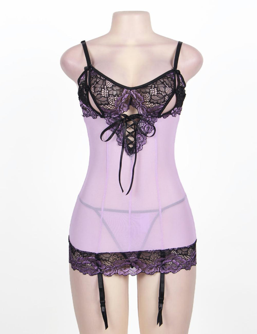 Purple Plus Size Cross-Dye Lace Peek-A-Boo Cup Chemise