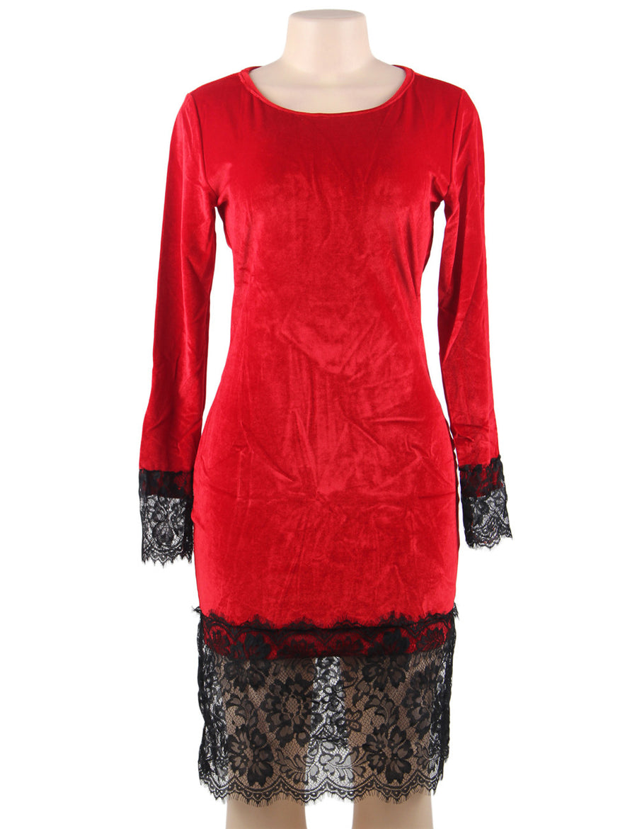 Velvet Lace Hem Sexy Red Details Dress