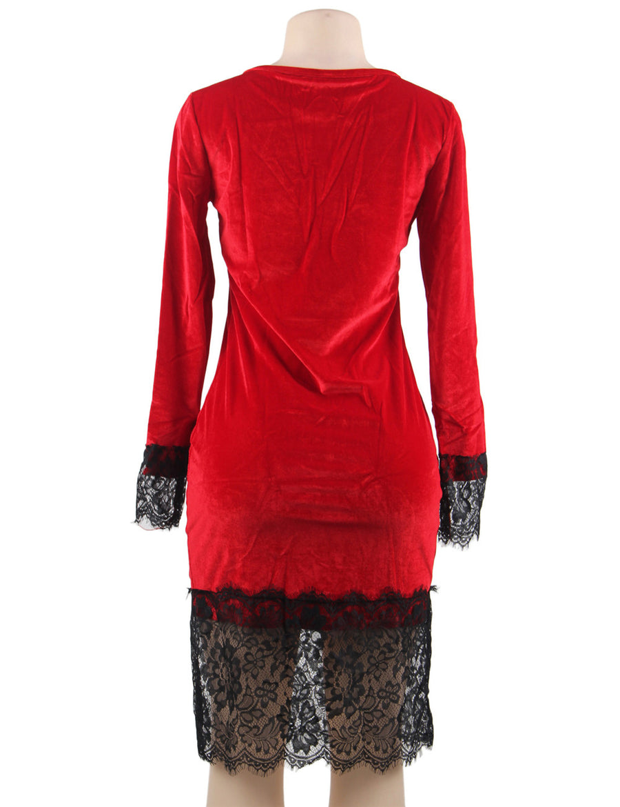 Velvet Lace Hem Sexy Red Details Dress