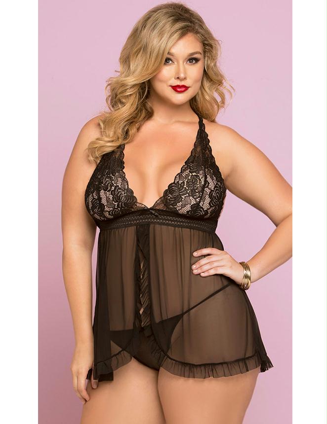 Big Size Black Sheer Stretch Lace and Net Open Back Babydoll