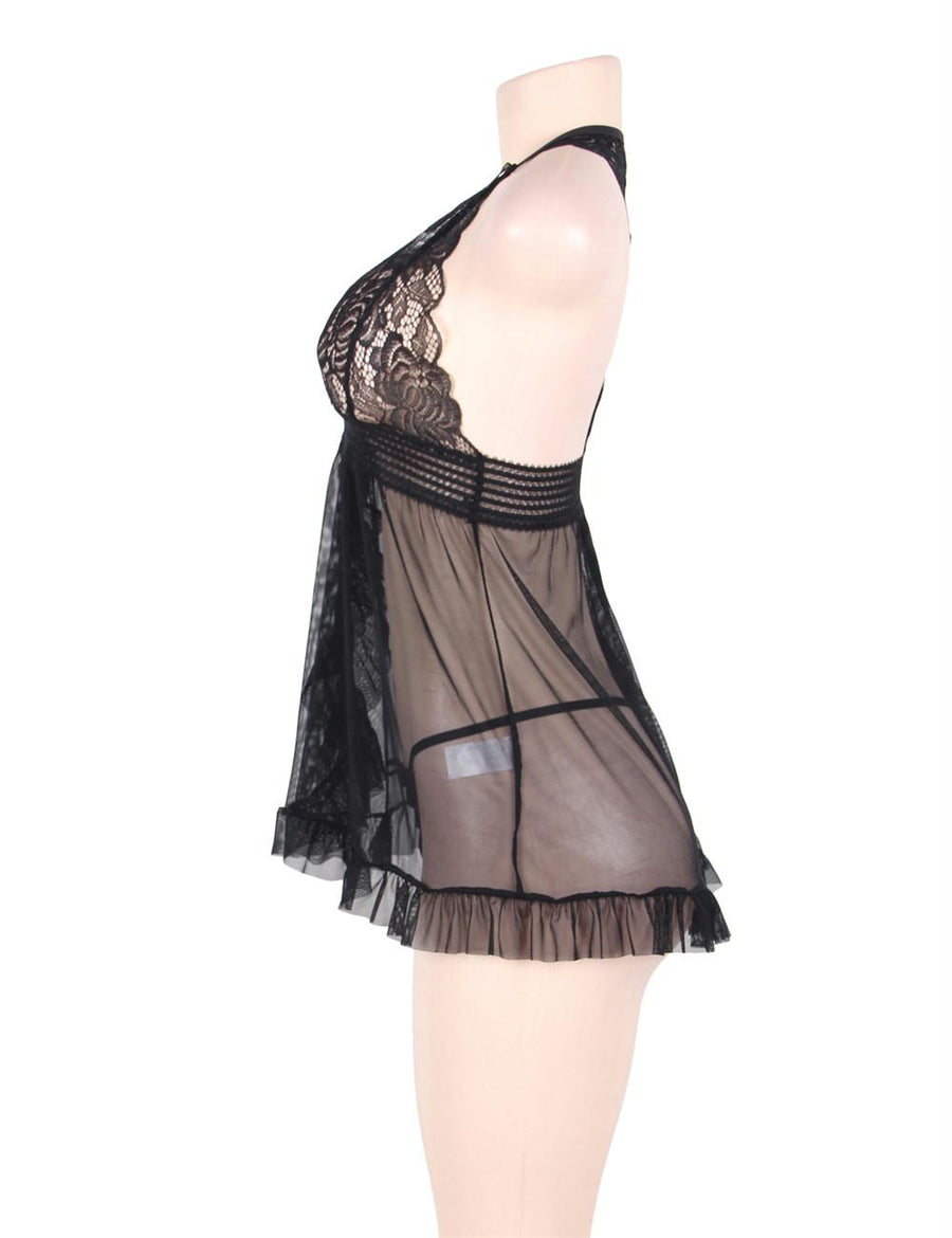 Big Size Black Sheer Stretch Lace and Net Open Back Babydoll