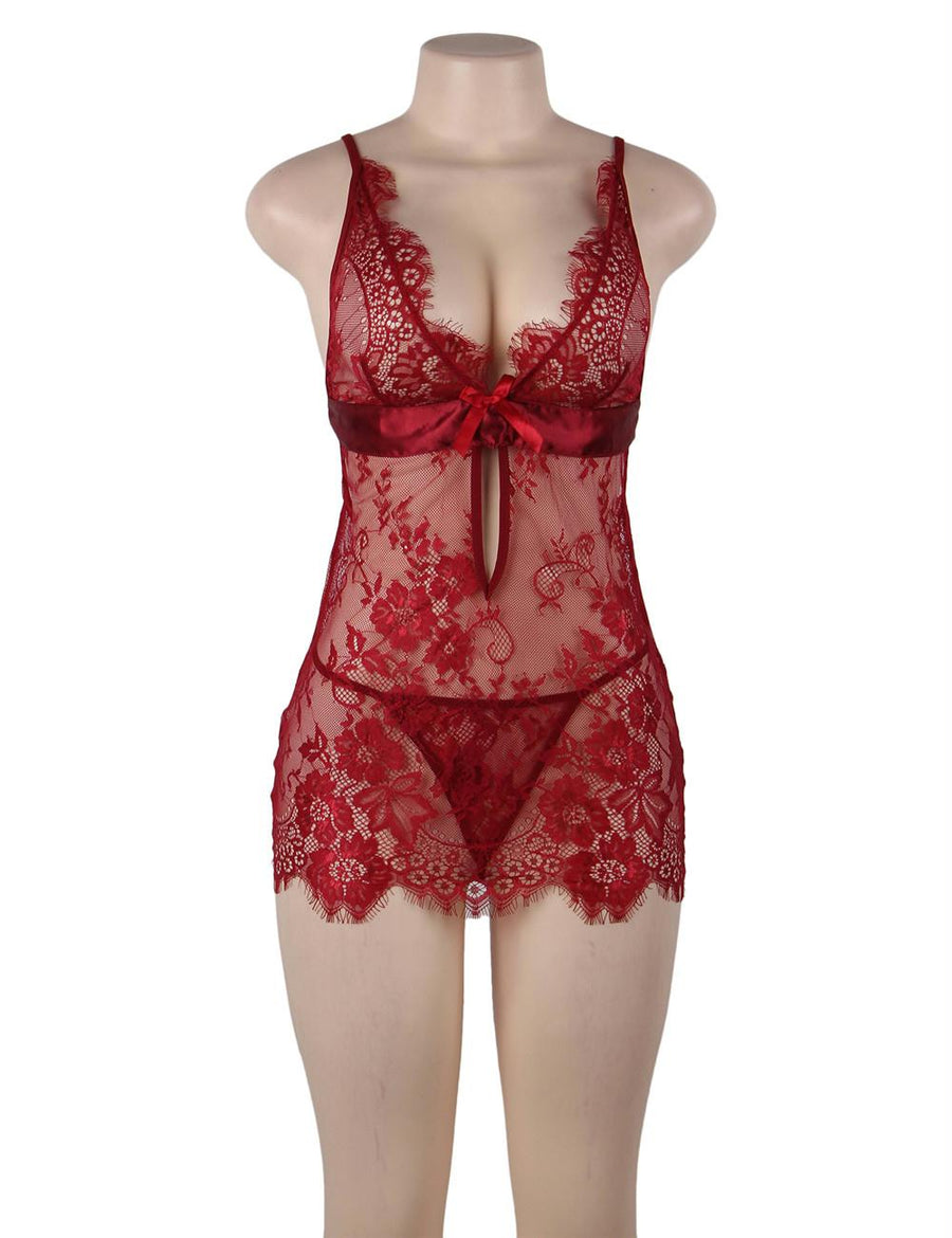 Plus Size Red Eyelash Lace Sexy Babydoll
