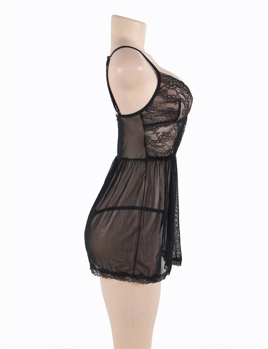 Plus Size Elegant black lace straps Babydoll Set
