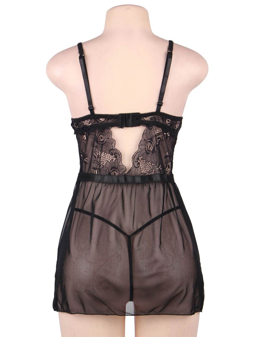 Plus Size Elegant Black Lace Straps Backless Babydoll Set With Steel Ring
