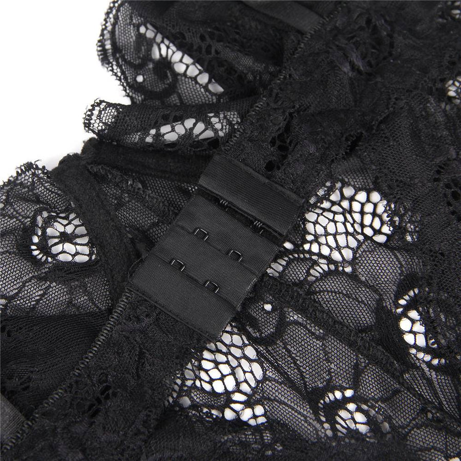 Plus Size Elegant Black Lace Straps Backless Babydoll Set With Steel Ring