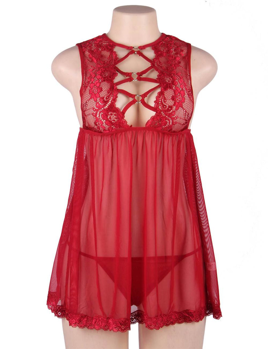 Plus Size Elegant Red Lace straps Backless Babydoll Set