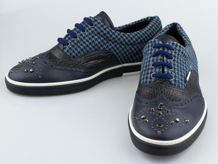 Leather and Houndstooth Fabric Studded Lace Up Oxford - Navy