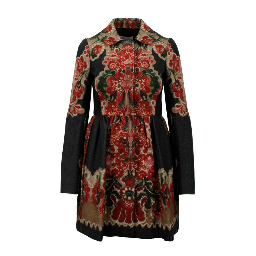 A-Line Wool Large Floral Design Coat - Black / Red
