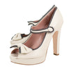 Leather Mary Jane Bow Peep Toe Pumps - Ivory