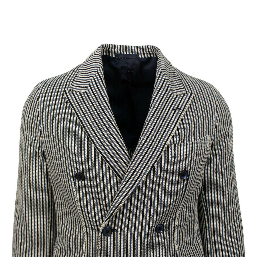 Striped Cotton Double Breasted Sport Coat - Blue