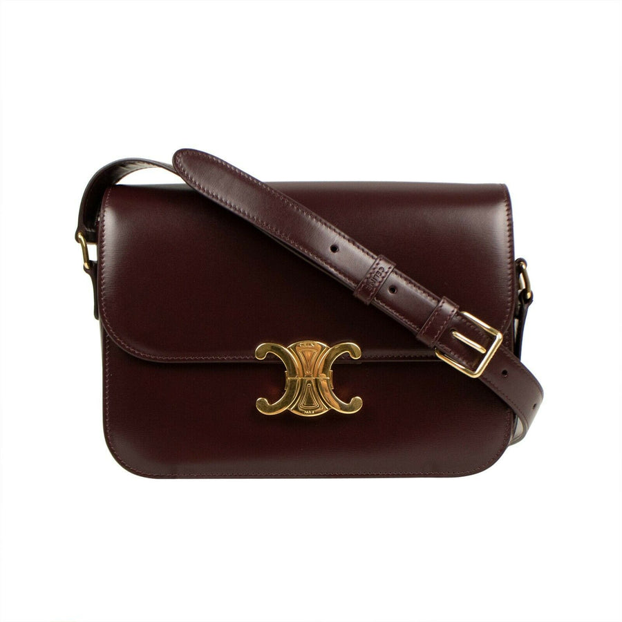 Shiny Calfskin Leather Medium Triomphe Cross Body Bag - Burgundy