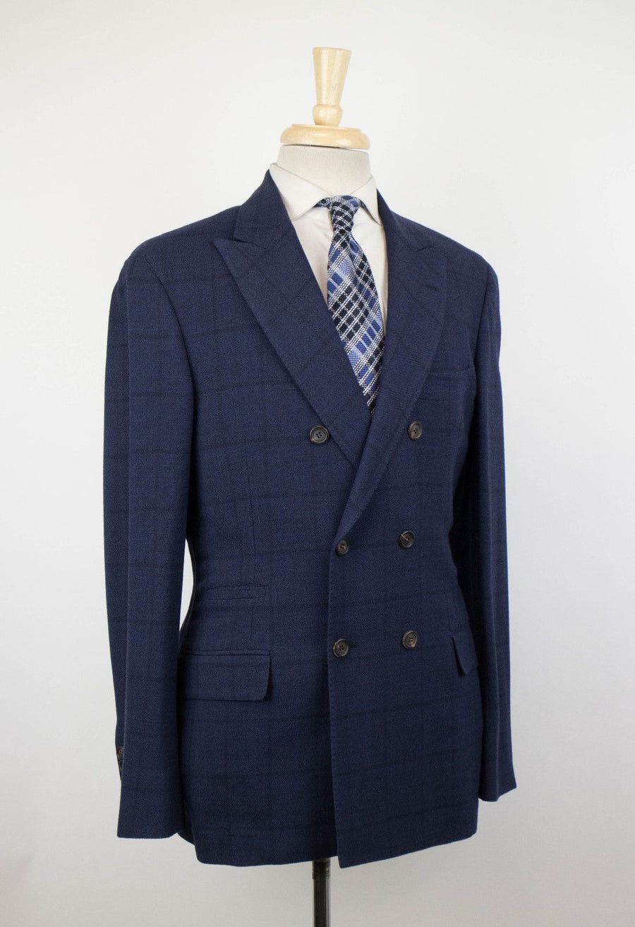 Wool Blend Windowpane Check Double Breasted Sport Coat - Blue