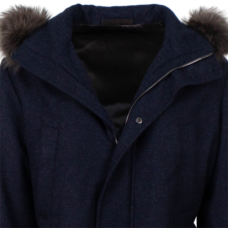 Cashmere Blend Hooded Zip Up Coat - Blue