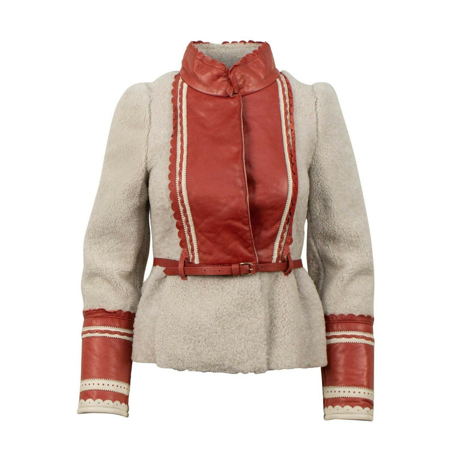Lamb Fur With Lambskin Leather Detail Coat - Off White / Red