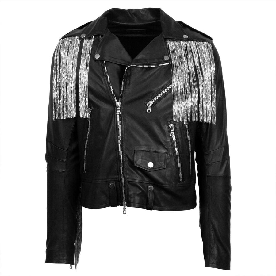 Leather Chain Fringe Biker Jacket - Black