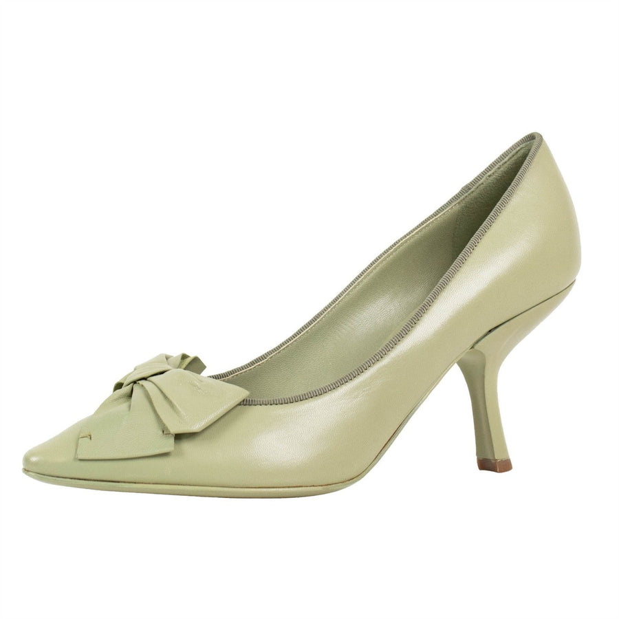 Leather Bow Pointed Toe Pumps - Green
