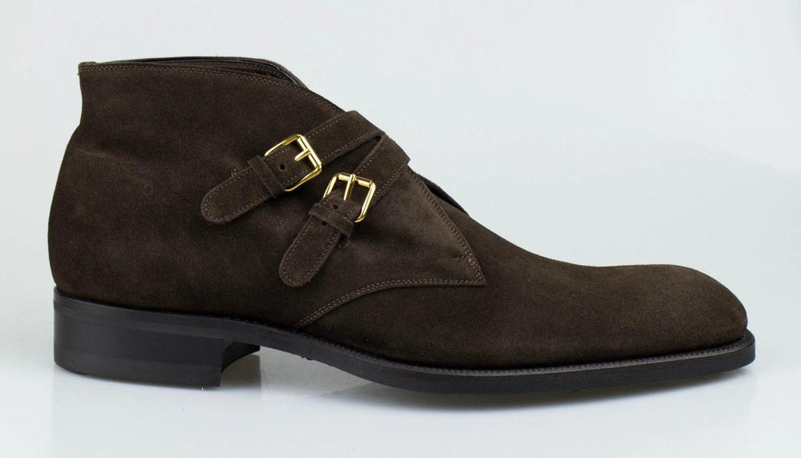 Suede Leather Cross Strap Boots - Brown