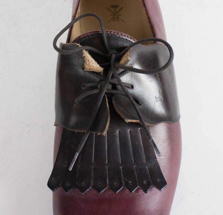 Leather Fringe Lace Up Oxfords - Burgundy / Brown