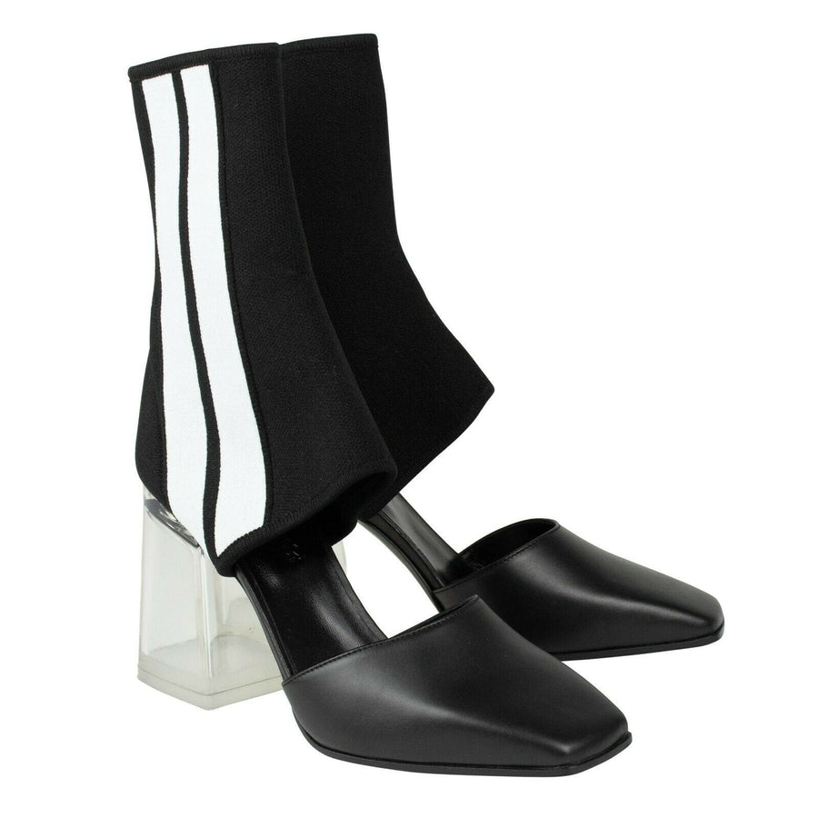 Striped Sock Cutout Ankle Boots - Black