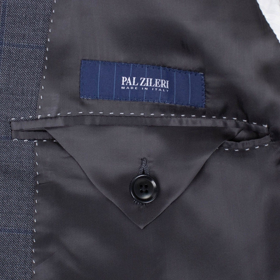 Windowpane Wool Two Button Suit - Charcoal Gray / Blue