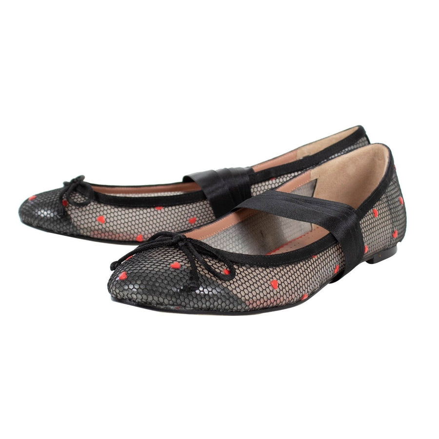 Plastic Mesh & Heart Ankle Ribbon Flats - Black